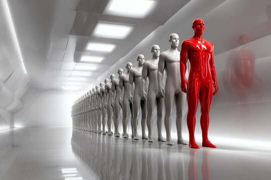 Red mannequin leading futuristic human figures in modern hallway