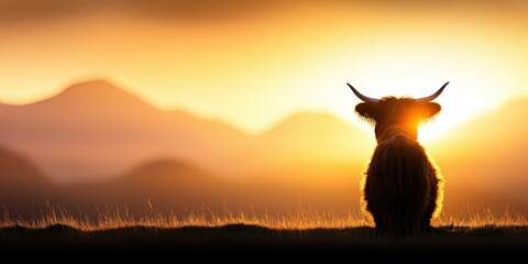 A Highland cow silhouetted against a vibrant sunset, surrounded by mountains, creating a peaceful and serene landscape.