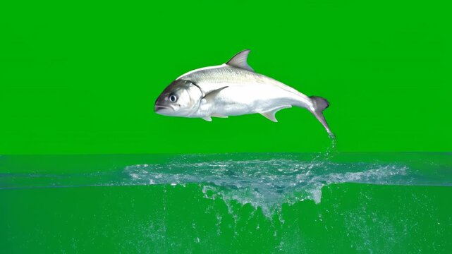 A silver fish dramatically jumping out of water and splashing, isolated on a solid green screen freedom, movement, action