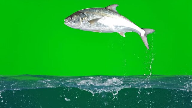 A silver fish dramatically jumping out of water and splashing, isolated on a solid green screen natural, biology, aquatic