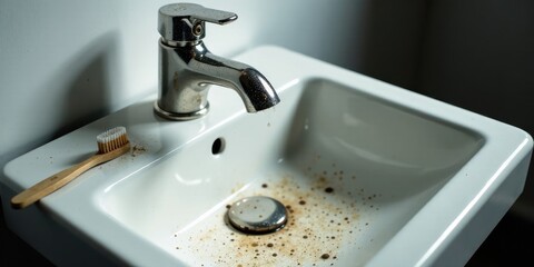 Morning Cleanup A Used Toothbrush Rests Beside a Slightly Stained Bathroom Sink with Water Dripping From the Faucet