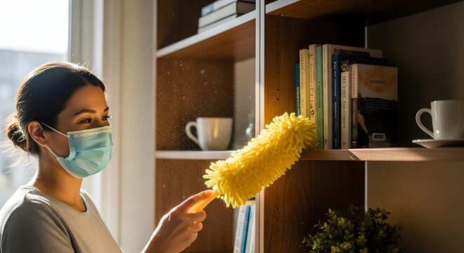 Woman wearing a mask dusting a bookshelf with books and mugs in a brightly lit indoor environment