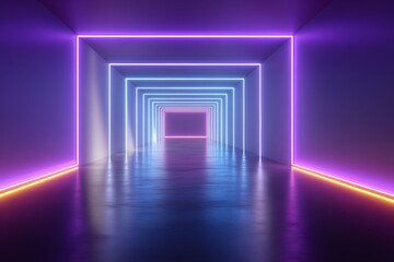 Futuristic neon tunnel with vibrant purple and blue lighting
