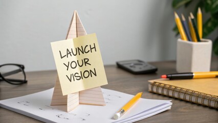 Creative desk setup with rocket paper model and sticky note encouraging vision launch and bright stationery tools