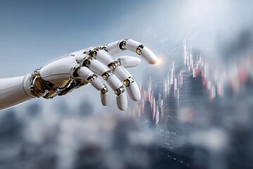 Robotic hand analyzing financial data on digital graph interface