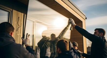 Men installing large glass window on building exterior with gloves and teamwork visible outside home 100