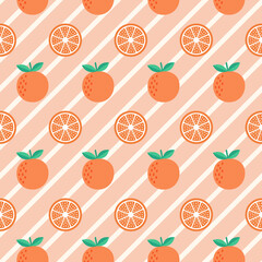 Orange Fruit and Slices Seamless Pattern on Striped Background