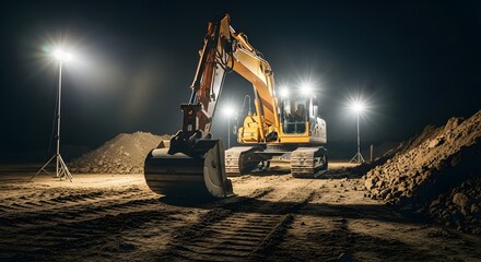 Excavator illuminated at night on construction site with dirt piles and bright work lights nearby