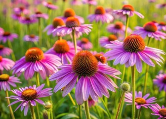 Vibrant purple coneflower blooms among lush green grass and wildflowers in a sunny meadow