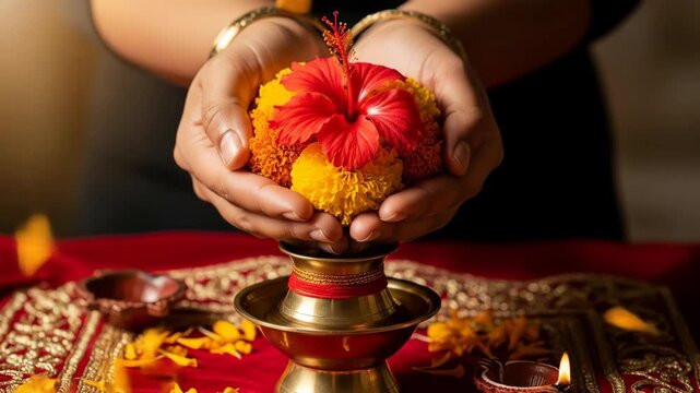 Vibrant navratri durga puja 2025 hands offering marigold and hibiscus flowers during sacred hindu rituals
