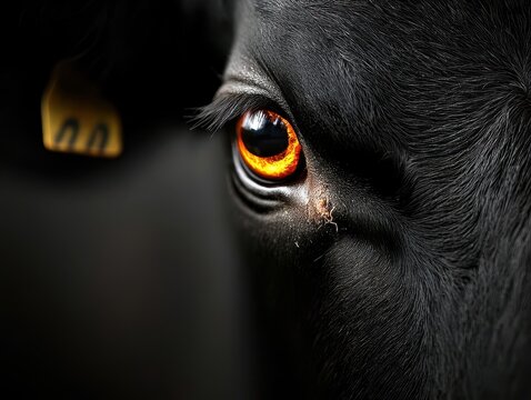 A close-up of a cow's eye, showcasing its striking amber iris against a dark background, highlighting the intricate details and textures of the animal's features. - Powered by Adobe