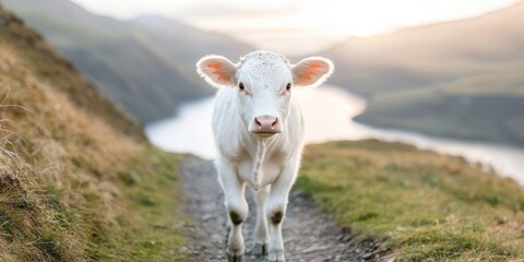 A charming white calf walks along a scenic path, surrounded by lush greenery and a serene landscape, with a soft glow from the sun in the background.