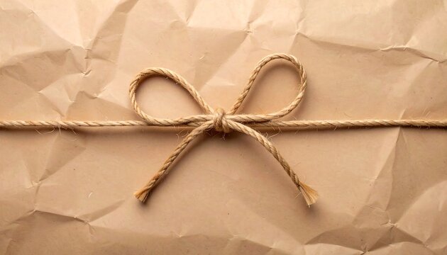 A crumpled beige paper package tied with a bow of light brown twine