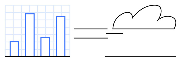 Bar graph transferring data to cloud, emphasizing digital storage and analytics accessibility. Ideal for business analysis, digitalization, cloud computing, technology trends, innovation, data