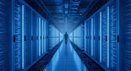 Man walking server room corridor.