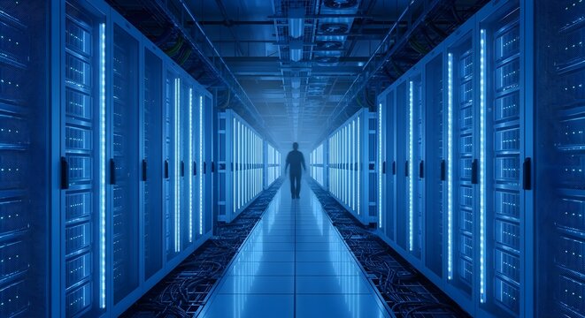 Man walking server room corridor.