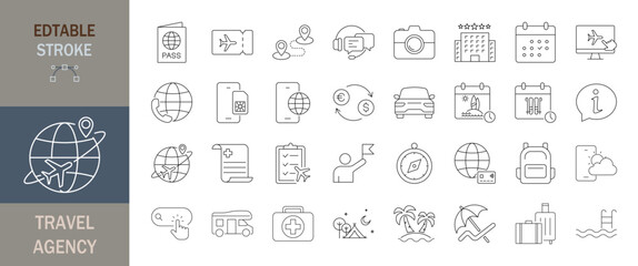 Travel agency icon set. Editable line icons. Vector illustration.