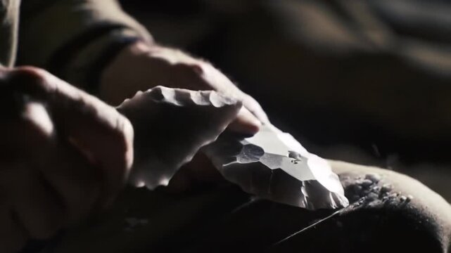 primitive hands crafting prehistoric flint arrowhead