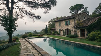stone house with swimming pool and reflection