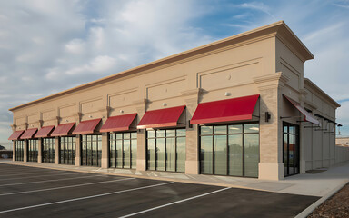 Modern beige commercial building with red awnings and large glass windows under sky illustration