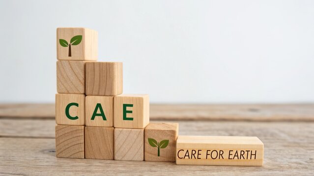 Creative wooden blocks forming acronym CAE with leaves and message promoting environmental awareness and sustainability - Powered by Adobe