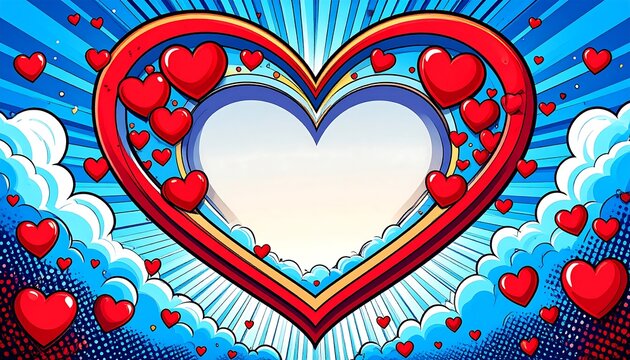 A vibrant heart-shaped frame with comic-book style