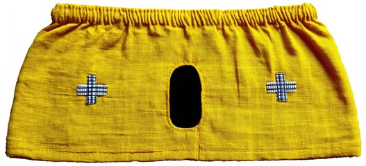 Mustard-yellow shorts with a dark-hole and embroidered plus signs