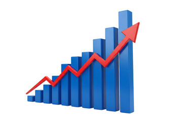 Blue bar graph with red upward arrow isolated on transparent background