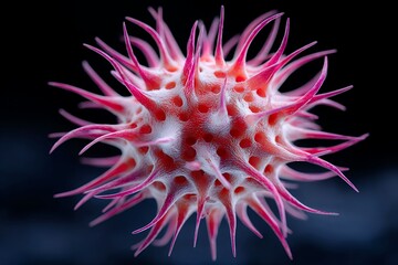 Close-up of vibrant pink and white sea urchin with spikes against dark background