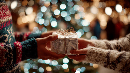 Two people are holding a white box in tree Christmas background.