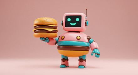 Animated robot character holding a delicious burger against a soft pink background