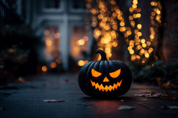 A black pumpkin Halloween with a lit candle inside of it.