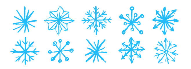Blue doodle snowflakes collection. Crayon hand drawn snow flake set. Vector pastel chalk shape pack. Craft sparkle and crystal sketch elements for Christmas, New Year party, winter holiday decoration © vika_k