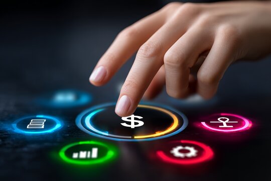 Futuristic touch interface technology with female hand and currency symbol - innovation and interaction