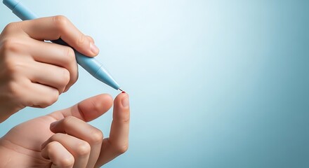 Close-up of a person's hand using a lancet to prick their finger for a blood glucose test.