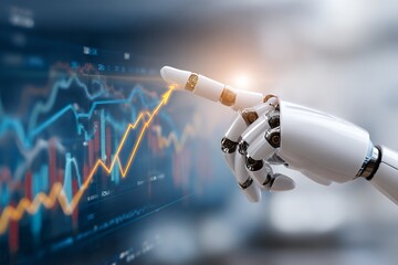 Robotic hand interacting with digital financial chart in futuristic interface