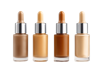 Four clear glass bottles with dropper tops, various shades of foundation