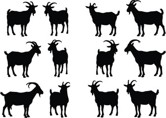 Collection of goat silhouettes vector illustration set, black farm animal graphic design, livestock clipart for agriculture, farming, countryside decoration.