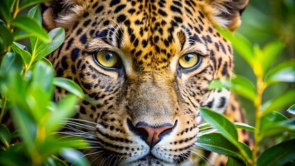 A captivating closeup of a leopards face amidst lush green foliage