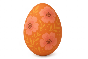 Orange easter egg with pink flowers and leaves decorations on transparent background