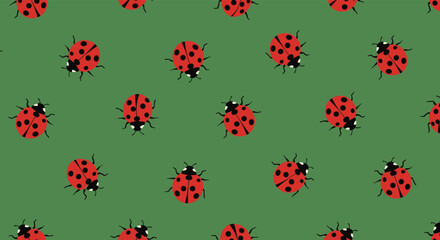 A charming collection of repeating red ladybugs scattered across a simple green background pattern.