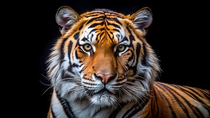 Fototapeta premium A captivating portrait of a majestic tiger against a stark black backdrop