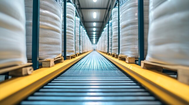 conveyor system transporting sealed bags of Alternative Protein Insect Powder inside factory. - Powered by Adobe