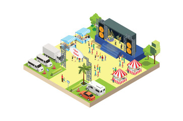 Music Festival Illustration Concept 3d Isometric View of Party Elements, camper van, bus. Concert Background and Stage Landscape. Musical Event vector illustration