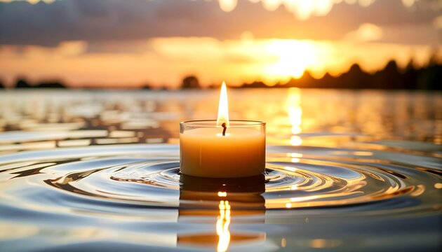 Candle floating on water at sunset