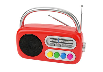 Retro red portable radio with antenna isolated on transparent background