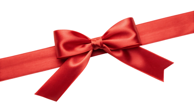 Red premium ribbon with ornate bow positioned diagonally across clean background, isolated on a transparent background