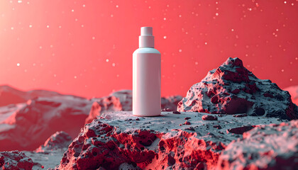White spray bottle on a rocky surface against a red sky, product shot.
