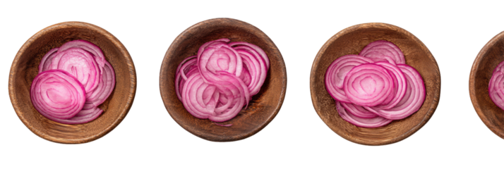 Sliced red onions in wooden bowls