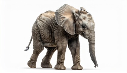 Obraz premium Realistic elephant standing on sandy surface with white background